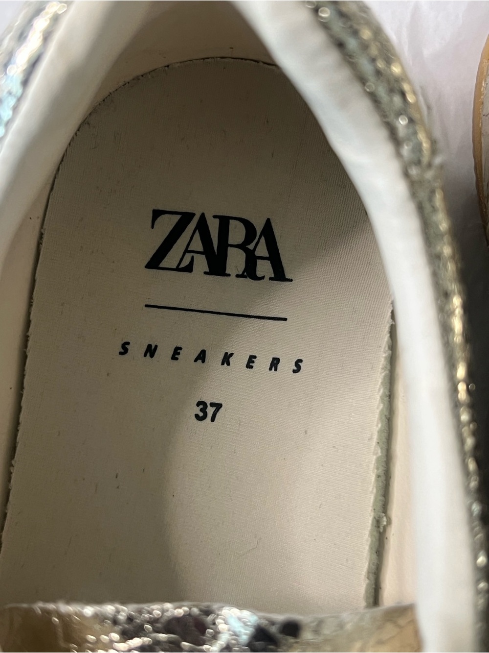 Zara Cracked Metallic Gold Sneakers with Cream Laces - Picture 9 of 15